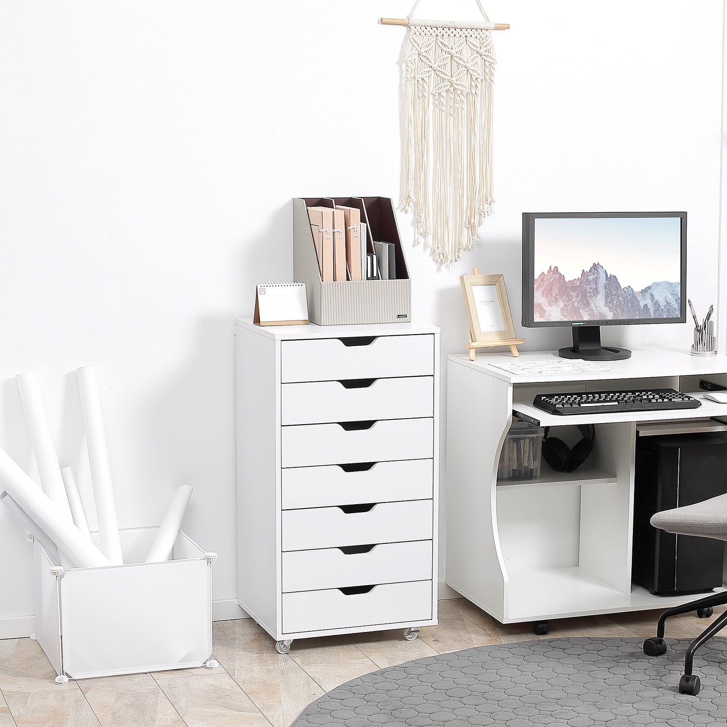Mobiele Ladeblok – Kantoor Ladekast – Bureau Organizer – Opbergkast – Ladeblok Onder Bureau – 7 Laden – Witte Kleur – Verplaatsbaar Met Wieltjes – Anti-Kantel Veiligheid