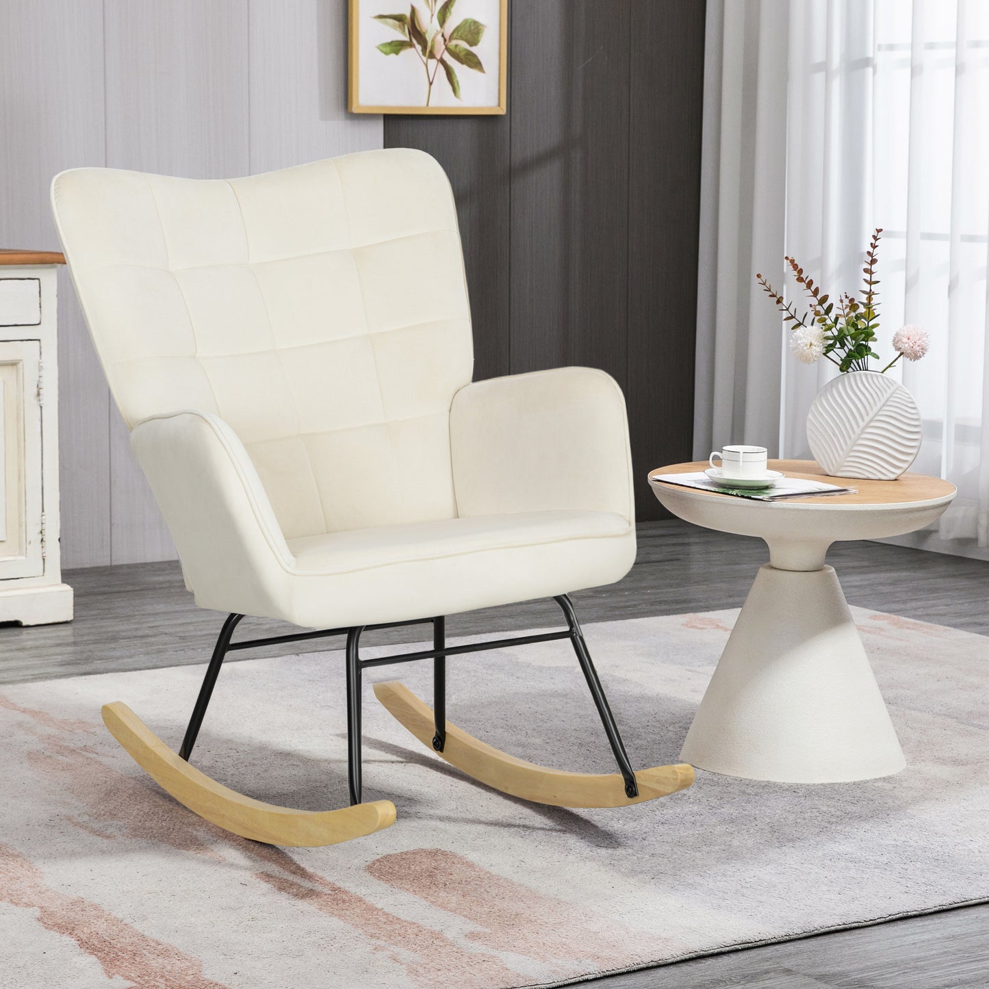 Draaifauteuil – Fauteuil – Relaxstoel – Lounge Stoel – Schommelstoel – Beige Kleur – Dikke Kussens – Beukenhout En Stalen Frame