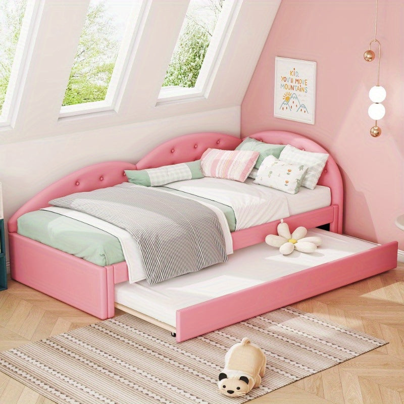 Slaapbank – Uitschuifbare Bedbank – Logeerbed – Bankbed – Bedbank 90x200 cm – Roze PU Leder – Modern Design – Handmatig Uitschuifbaar