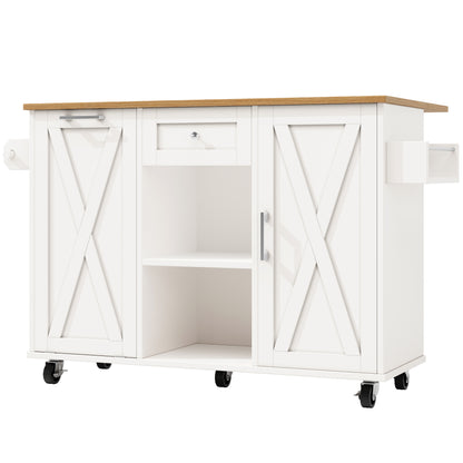 Keukeneiland – Keukentrolley – Keukenkast – Buffetkast – Serveerwagen – Inklapbaar Werkblad – Verstelbare Planken – MDF 3D Deuren – Metalen Handgrepen – Wit – 142×40/63×87 cm
