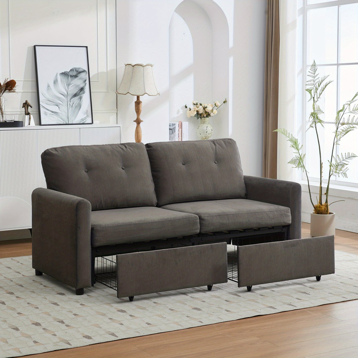 Tweezitsbank – Compacte Bank – Minimalistische Sofa – Stijlvolle Couch – Tweepersoonsbank – Opberglade – Duurzaam Bamboe – Donkergrijs