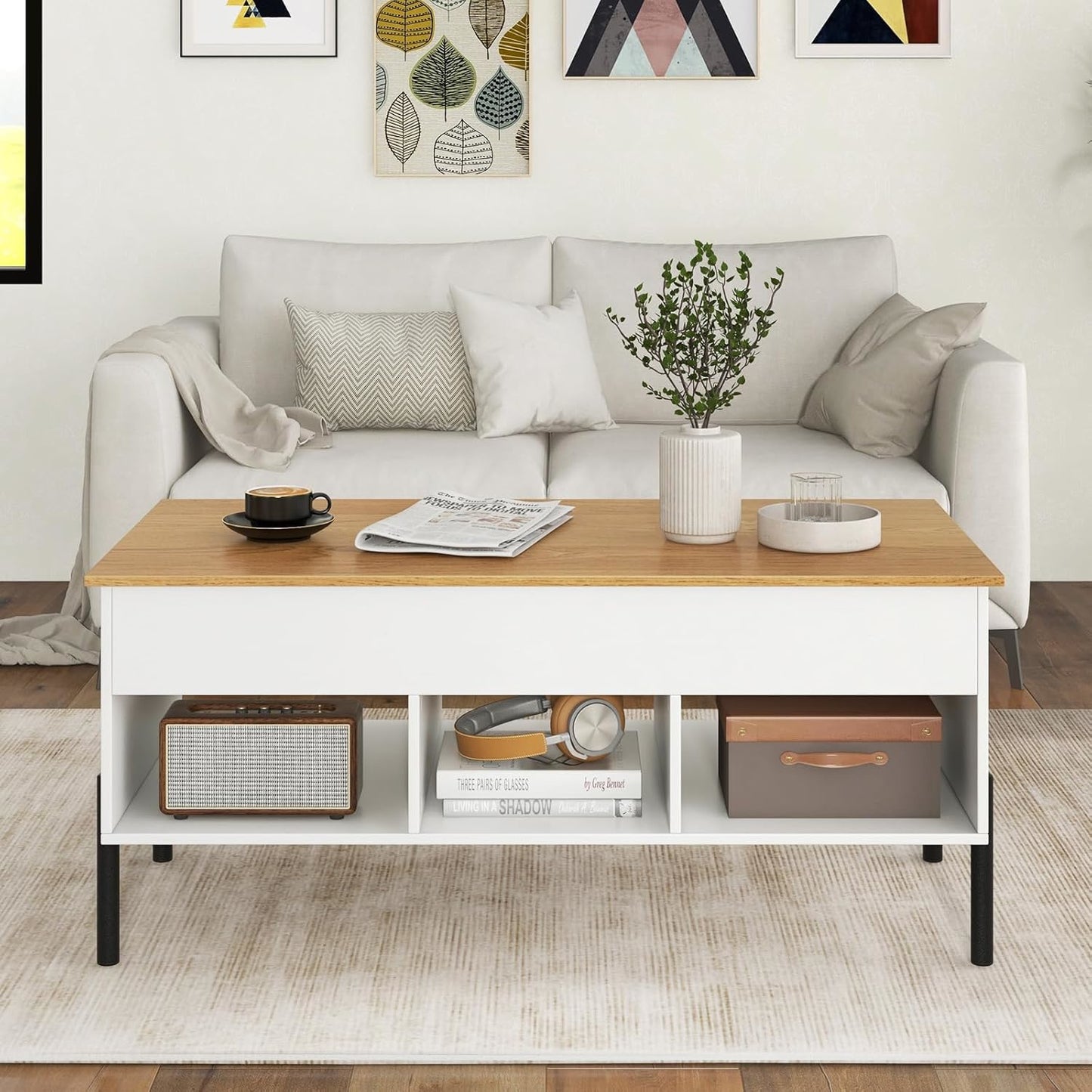 Verhoogde Salontafel – Bijzettafel – Koffietafel – Opbergtafel – Laptoptafel – Met Verstelbaar Hefblad – Verborgen Opbergvak – Houtfineer Natuurlijke Kleur