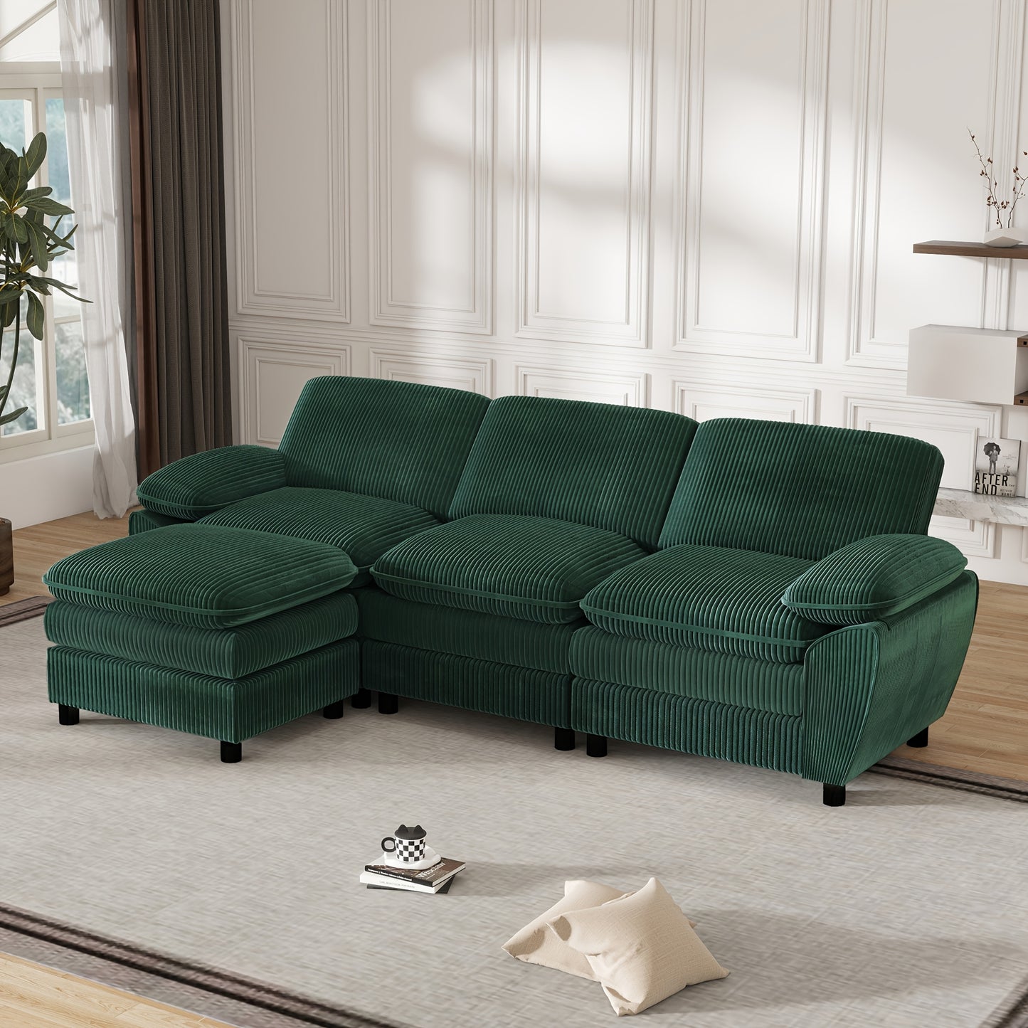 Donkergroene 3-Zitsbank – Bankstel – Sofa – Slaapbank – Zithoek – Modern Design – Comfortabele Stoffering – Inclusief Ottomane