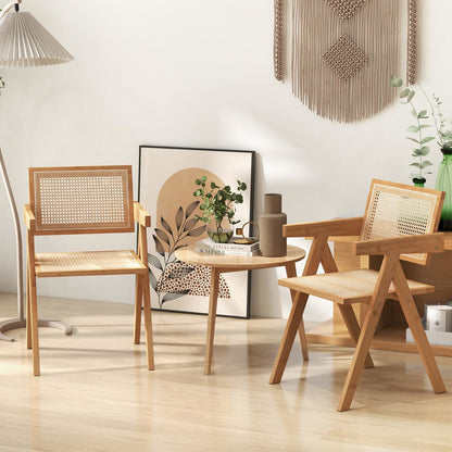 Rotan Stoelen – Rattan Eetkamerstoelen – Bistro Stoelen – Armstoel – Accent Stoelen – Natuurlijke Bamboe Frame – Mid Century Design – Imitatie Rotan Rugleuning – Set Van 2