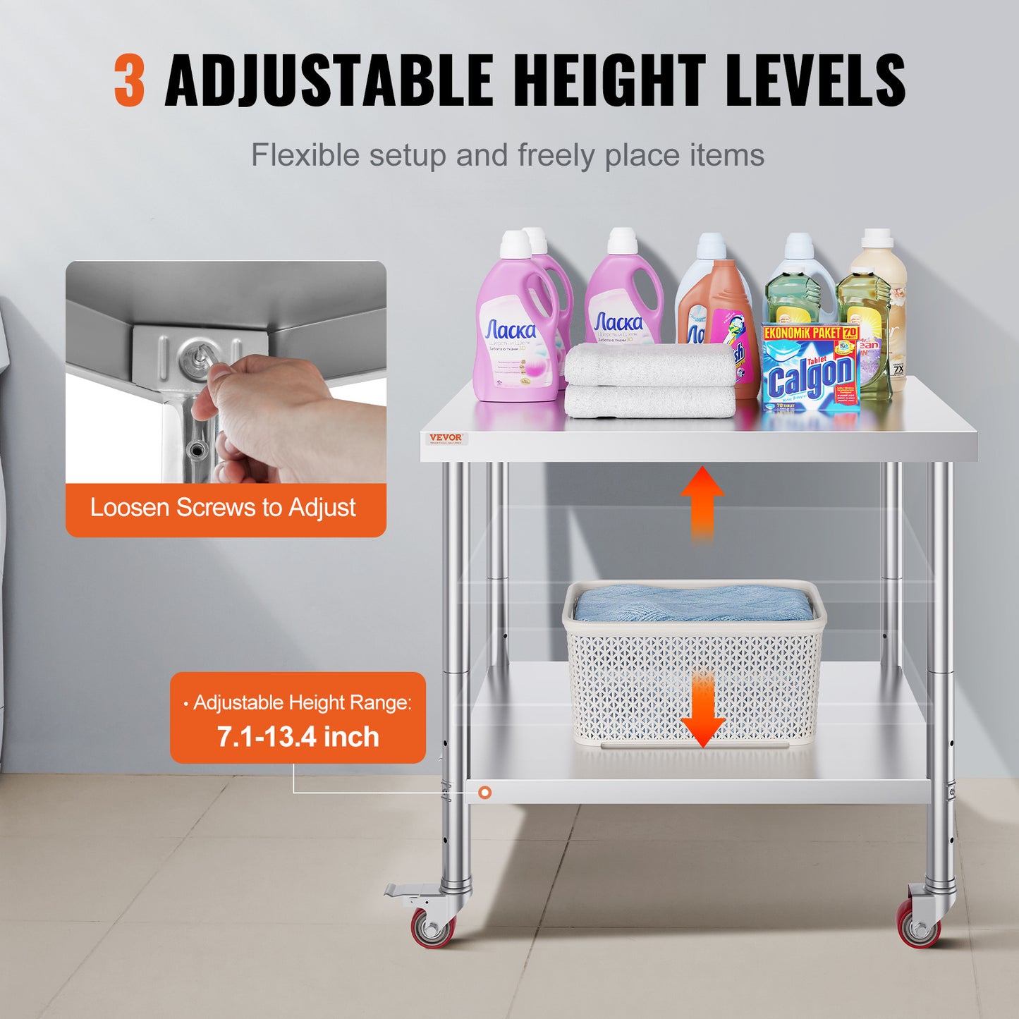 RVS Werktafel – Roestvrijstalen Werkbank – Catering Werkbank – Keukentafel – Foodprep Tafel – 91 x 76 x 86 cm – Verstelbaar Onderrek en 4 Zwenkwielen met Remmen