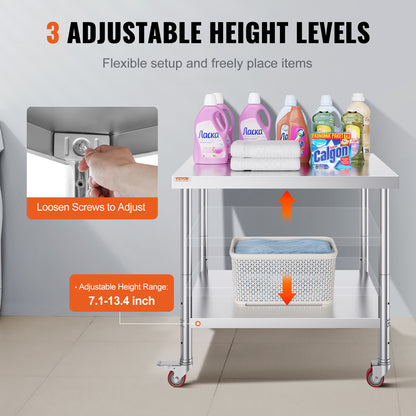 RVS Werktafel – Roestvrijstalen Werkbank – Catering Werkbank – Keukentafel – Foodprep Tafel – 91 x 76 x 86 cm – Verstelbaar Onderrek en 4 Zwenkwielen met Remmen