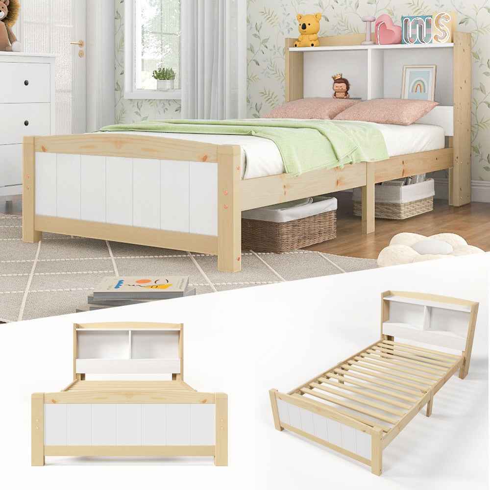 Bedframe – Eenpersoonsbed – Kinderbed – Logeerbed – Slaapbank – Massief Houten Frame – Opbergruimte Hoofdeinde – 90x200 cm – Wit – Duurzaam – Eenvoudige Montage