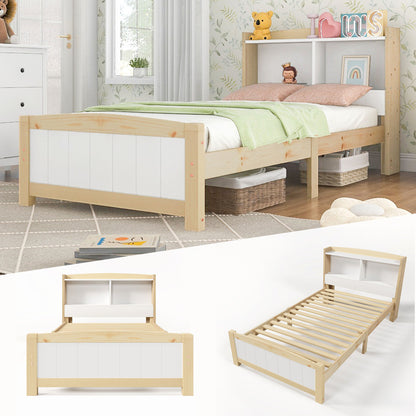 Bedframe – Eenpersoonsbed – Kinderbed – Logeerbed – Slaapbank – Massief Houten Frame – Opbergruimte Hoofdeinde – 90x200 cm – Wit – Duurzaam – Eenvoudige Montage