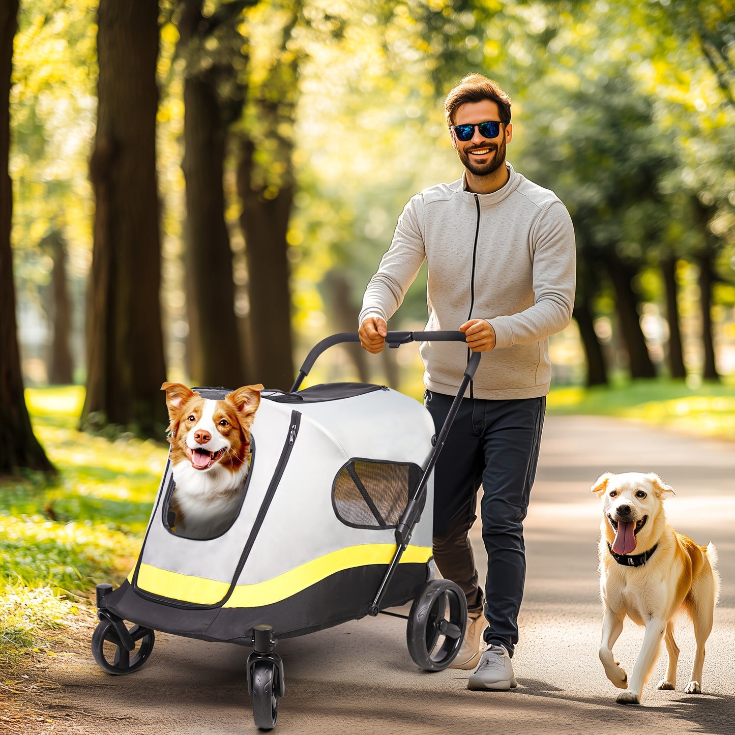 Dierenwagen – Huisdierwagen – Hondenwagen – Pet Carrier – Dierenbuggy – Voor Middelgrote en Grote Huisdieren Tot 50 kg – Stevig Ijzeren Frame – Inclusief Regenhoes