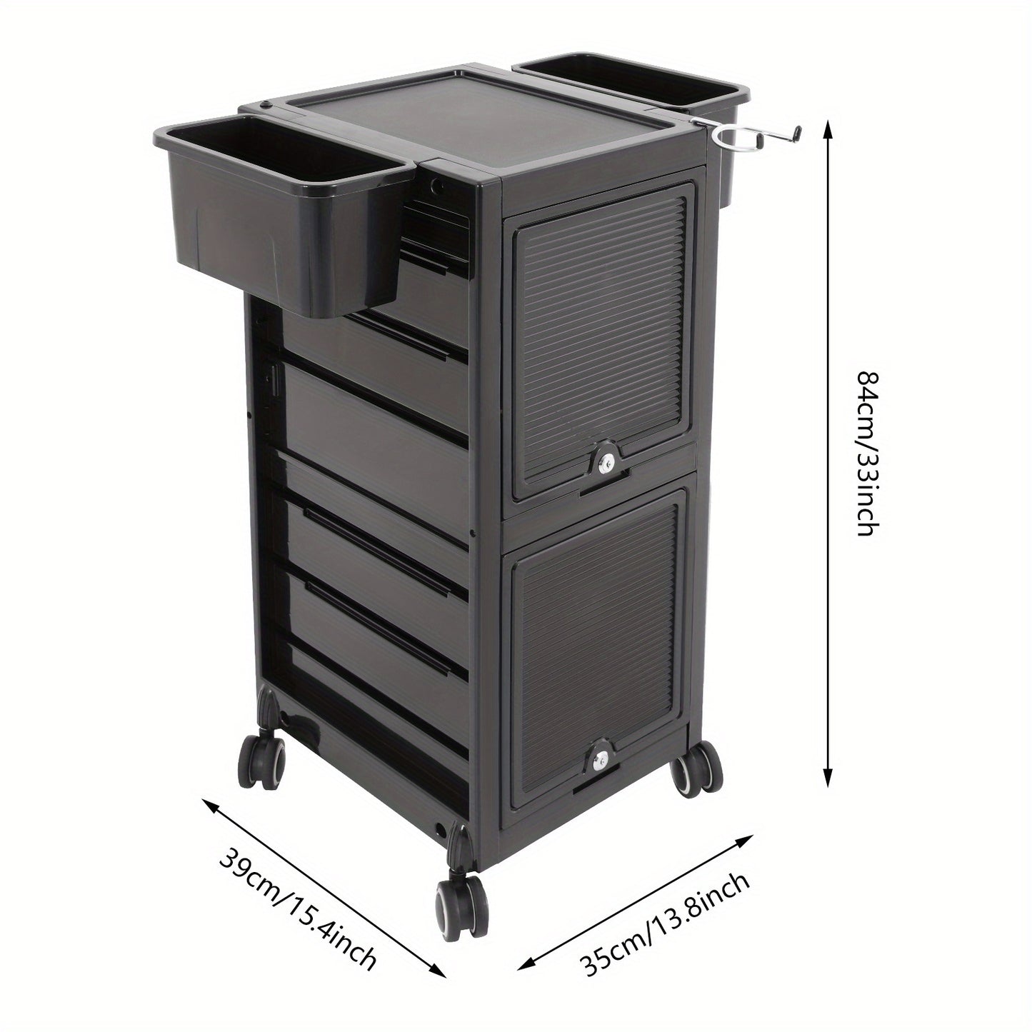 Opbergtrolley Salon – Beauty Trolley – Kapperskar – Opbergwagen – Werkplaatswagen – Met 6 Laden & 2 Zijmanden – Zwart Kunststof – Stil 360° Zwenkwielen & Haardrogerhouder