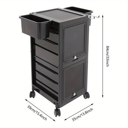 Opbergtrolley Salon – Beauty Trolley – Kapperskar – Opbergwagen – Werkplaatswagen – Met 6 Laden & 2 Zijmanden – Zwart Kunststof – Stil 360° Zwenkwielen & Haardrogerhouder
