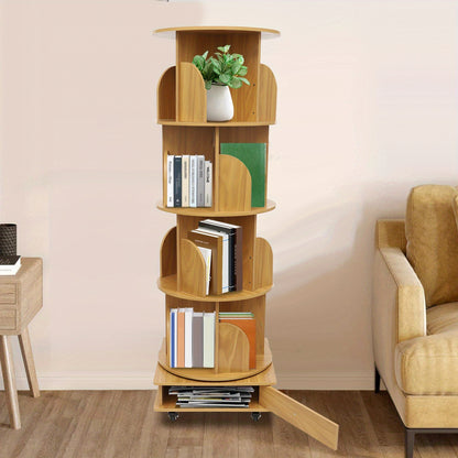 Boekenplank – Boekenrek – Wandplank – Boekenkast – Opbergmeubel – Draaibaar 360° – Massief Hout – 4 Lagen – Verrijdbaar – Compact 46x46x142 cm