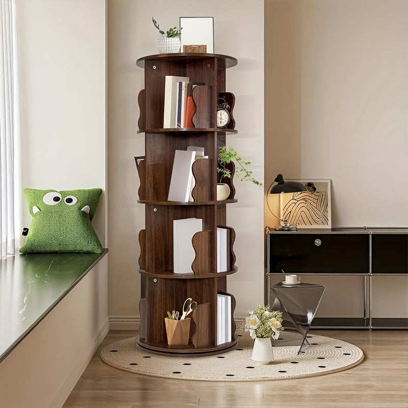 360° Draaibare Boekenplank – Draaibare Boekenkast – Rotatie Boekenrek – Verticale Boekenplank – Houten Boekenrek – 5 Lagen – Compact Ruimtebesparend Design – Massief Hout Retro Bruin