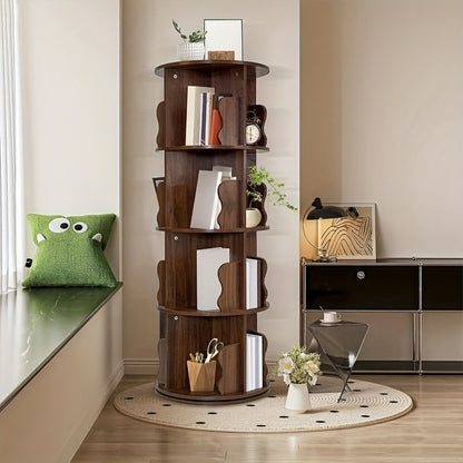 360° Draaibare Boekenplank – Draaibare Boekenkast – Rotatie Boekenrek – Verticale Boekenplank – Houten Boekenrek – 5 Lagen – Compact Ruimtebesparend Design – Massief Hout Retro Bruin