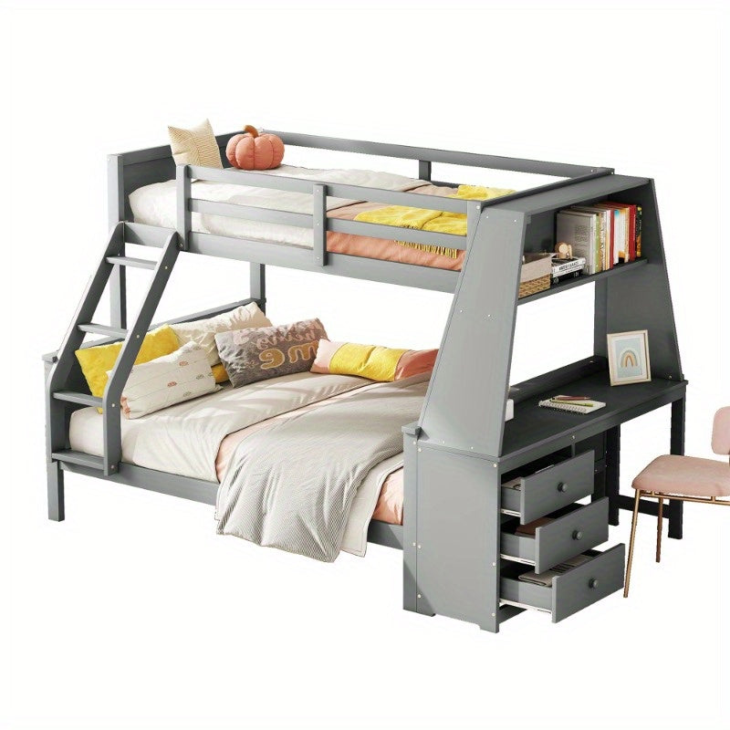 Stapelbed – Etagebed – Hoogslaper – Kinderbed – Slaapbank – Modern Grijs – Met Bureau en Opbergruimte – Veiligheidsreling – Ruimtebesparend Ontwerp