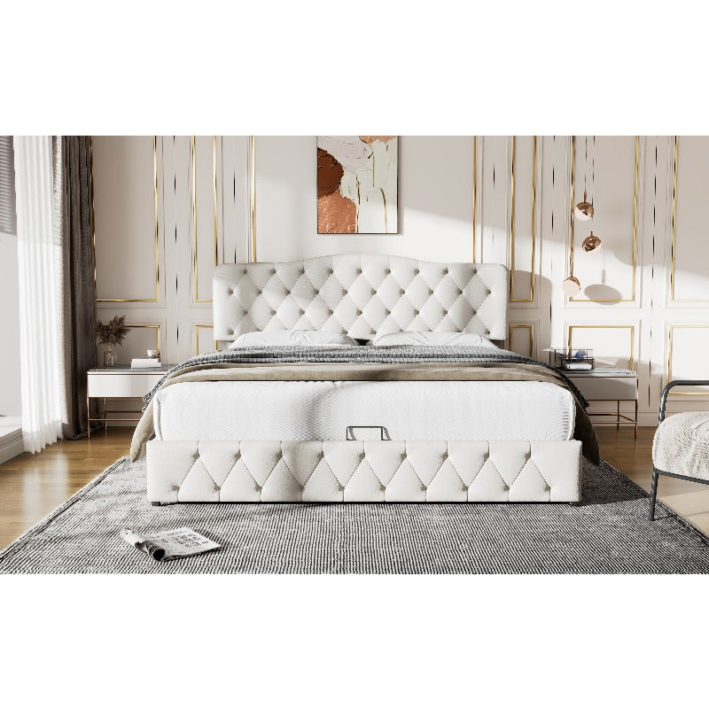 Tweepersoonsbed – Bed met Opbergruimte – Boxspring – Bedframe – Slaapbank – Matras Inclusief – Gestoffeerd Grijs – 140x200 cm – Lattenbodem van Hout