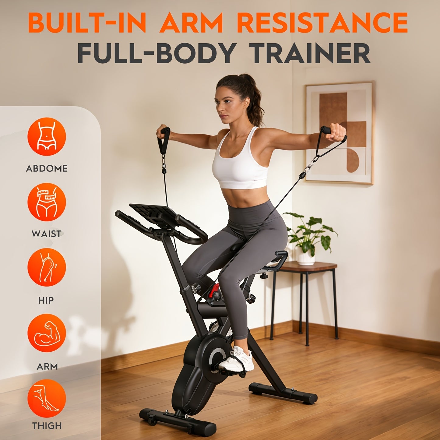 1 Foldable Silent Exercise Bike | Magnetic Resistance, 12-Speed Intelligent Adjustment, 150KG Load-bearing Capacity, Includes Arm Pull Rope, Full Body Shaping, Iron Frame, Without Battery