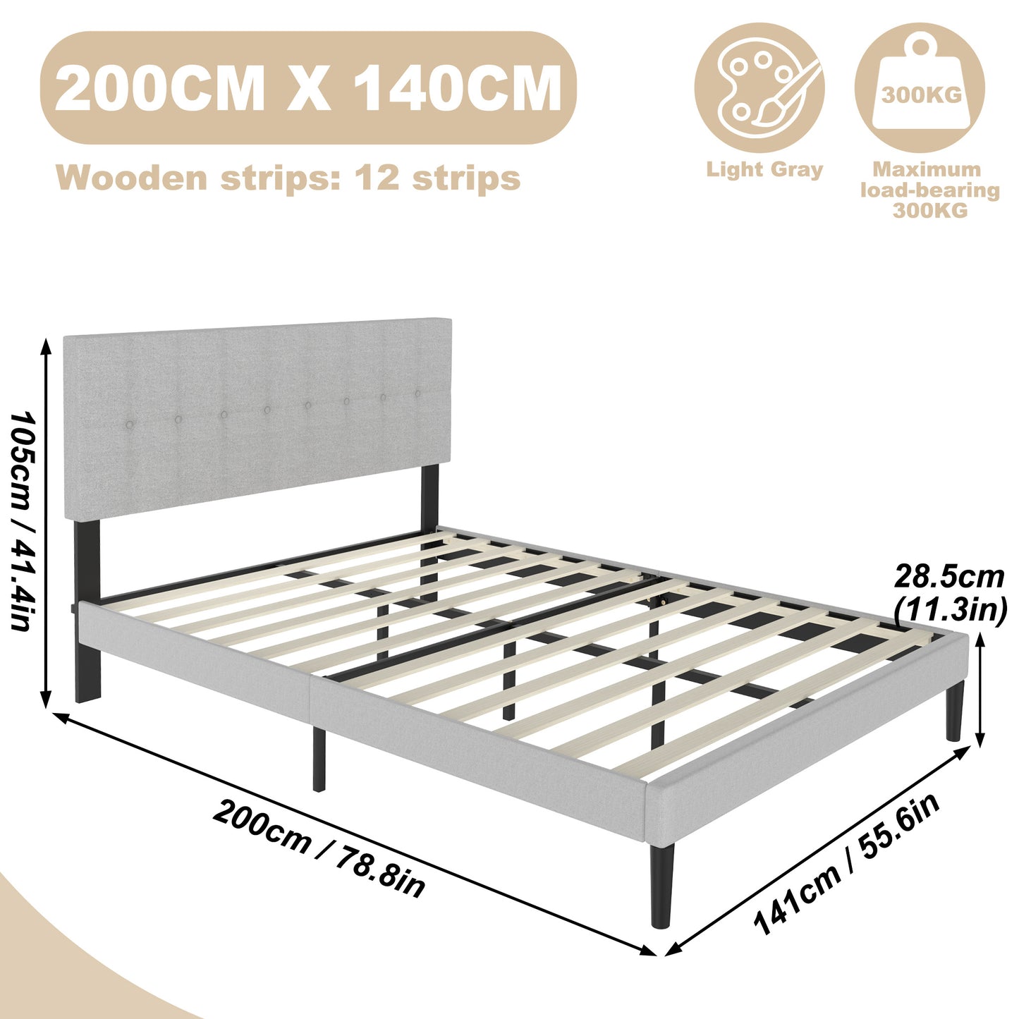 Linnen Gestoffeerd Bedframe – Bedframe Met Hoofdeinde – Slaapkamerbed – Boxspring Frame – Matras Onderstel – Donkergrijs Lichtgrijs – Met Lattenbodem – Eenvoudige Montage – Modern Minimalistisch Design