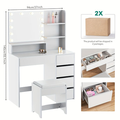 Make-up Tafel – Kaptafel – Schminktafel – Dressing Table – Beauty Tafel – Witte Metalen Kaptafel – LED Spiegel Met 3 Lichtstanden – Inclusief Comfortabele Kruk