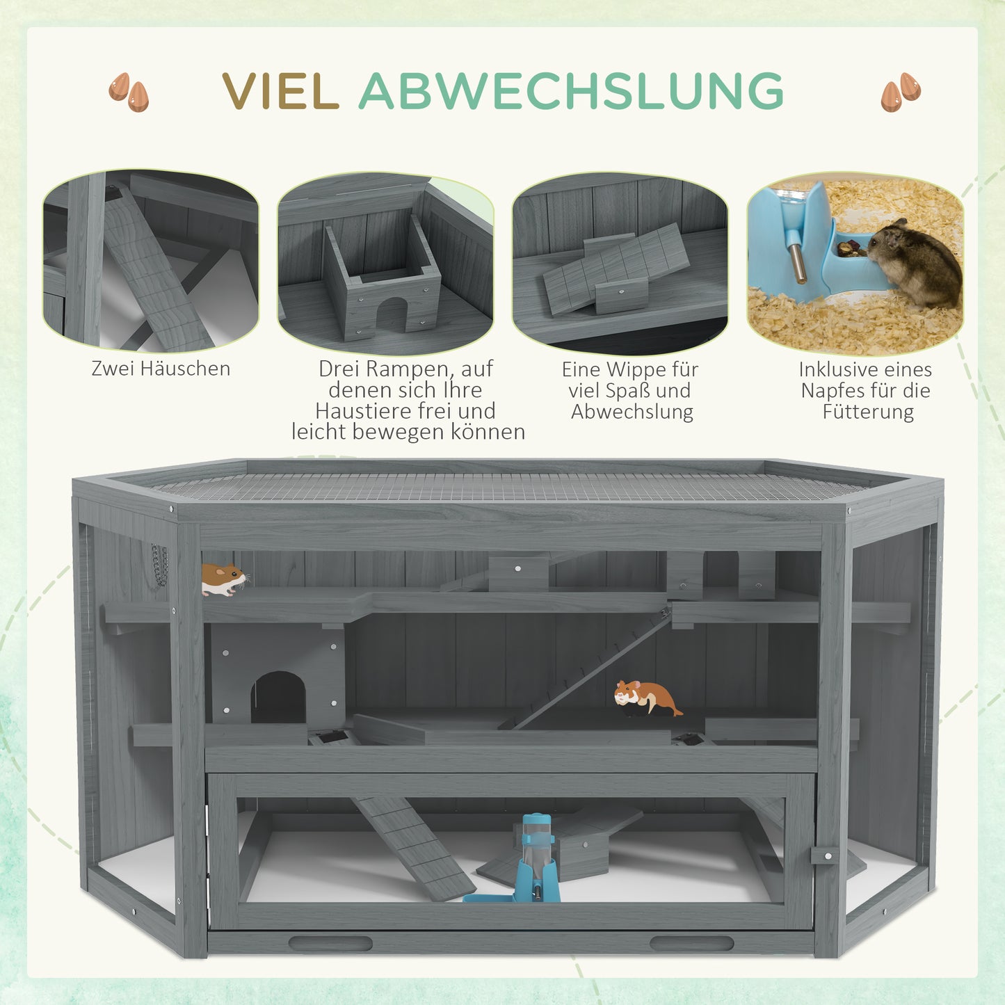 Hamsterkooi – Knaagdierkooi – Hamsterbench – Dierenkooi – Knaagdierverblijf – 3-laags Indeling – Uitneembare Bodemlade – Grijs Hout/Metaal – 115x60x55 cm