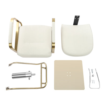 Hair Salon Chair | Height Adjustable, 360° Swivel, Golden Stainless Steel Square Base and Round Tube Footrest - Beige, NaMaSyo Brand