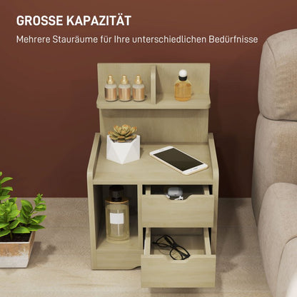 Nachtkastje – Bijzettafel – Bedkastje – Nachtkastje Met Laden – Natuurlijk Hout – 2 Lades En Open Plank – Compact 40x30x60 cm