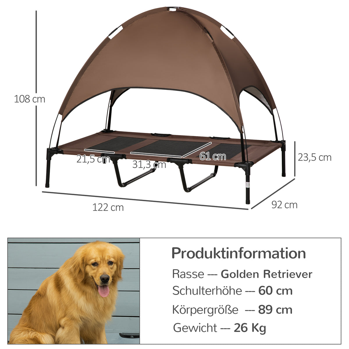 Hondenmand – Hondenbed – Hondenkussen – Buitendogbed – Verhoogde Mand – Met Beschermende Canopy – Ademend Fluweel – Afmeting 122 x 92 x 108 cm