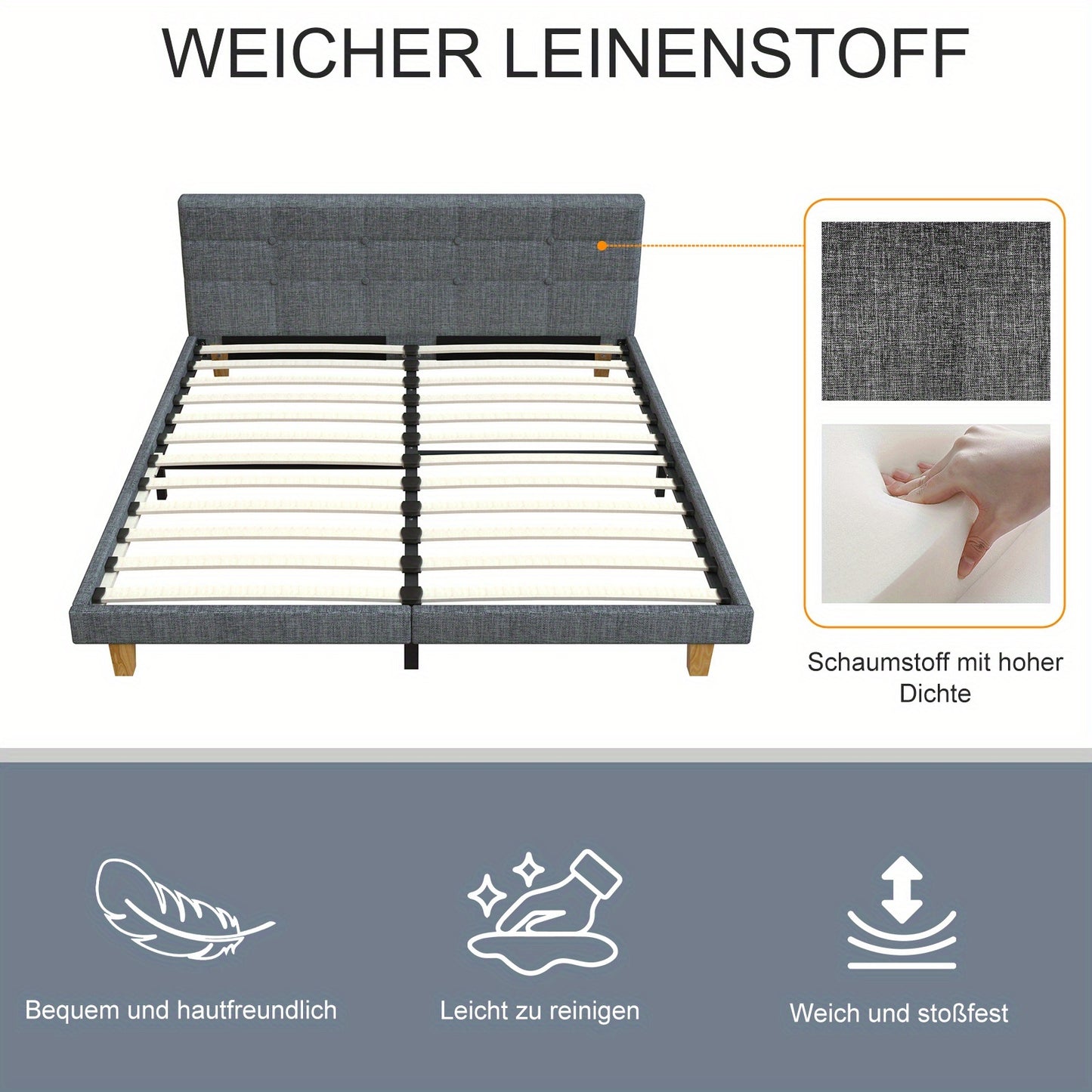 Tweepersoonsbed – Bedframe – Gestoffeerd Bed – Slaapkamerbed – Linnen Bed – 140x200 cm – Met Vierkant Doorgestikt Hoofdeind – Stevige Lattenbodem Zonder Boxspring