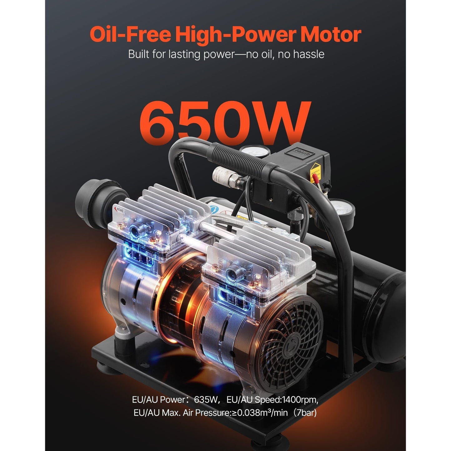Luchtcompressor – Mini Compressor – Aircompressor – Pneumatische Compressor – Olievrij – Compact en Stil – 635W Motor – 1,5 CFM Bij 90 PSI – Zwart