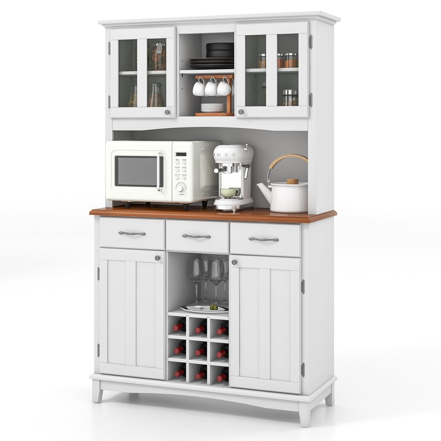 Keukenkast – Keukenbuffet – Opbergkast – Buffetkast – Voorraadkast – Hoogwit MDF – Verstelbare Glazen Planken – Wijnrek 9 Flessen – 112x43x184,5 cm