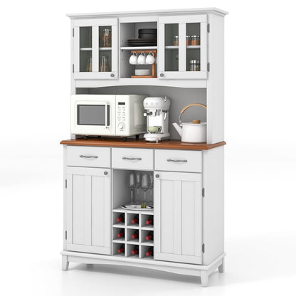 Keukenkast – Keukenbuffet – Opbergkast – Buffetkast – Voorraadkast – Hoogwit MDF – Verstelbare Glazen Planken – Wijnrek 9 Flessen – 112x43x184,5 cm