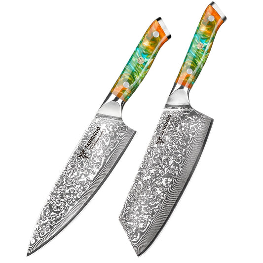 Nakiri mes – Groentemes – Koksmes – Hakmes – Damastmes – Set van 2 – VG10 Damaststaal – Resin Handvat