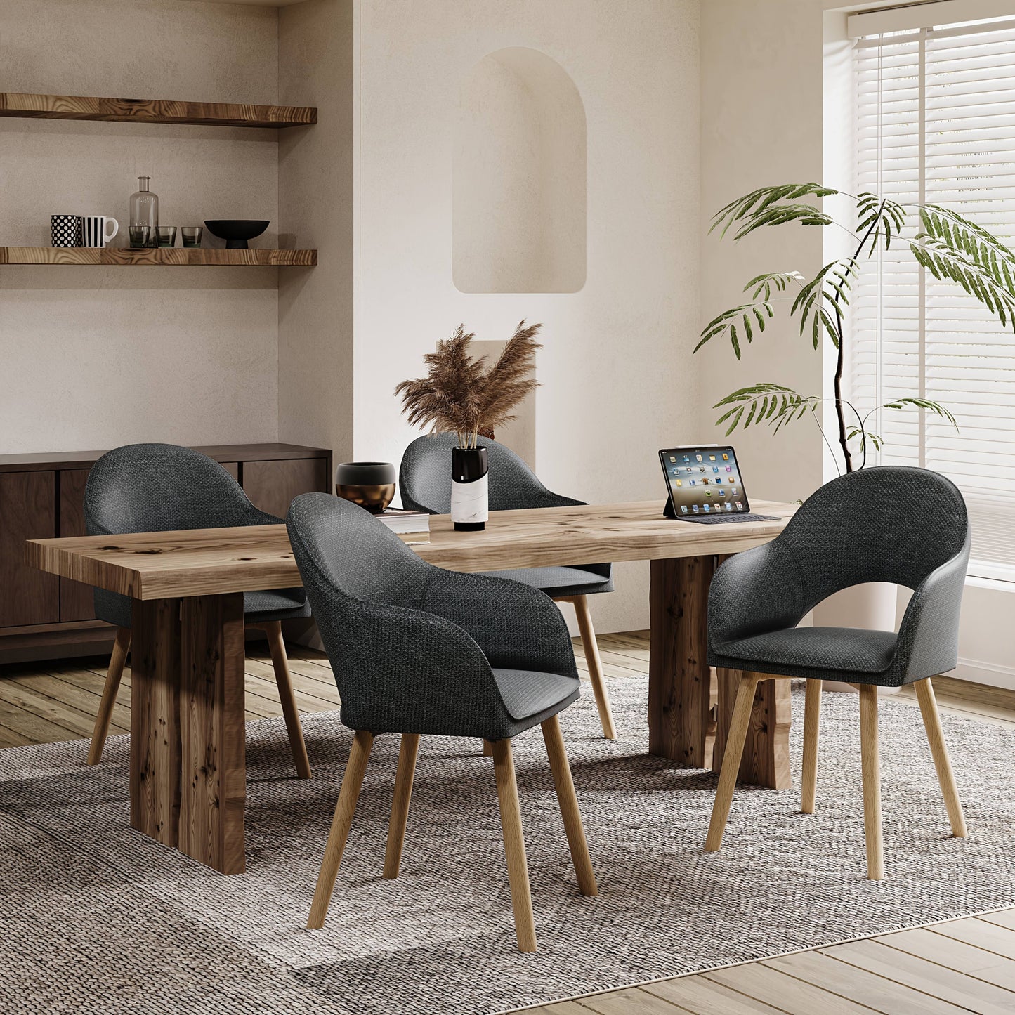 Eetkamerstoel – Lounge Stoel – Bureaustoel – Armstoel – Set van 2 – Corduroy Donkergrijs – Halfmaan Open Rugleuning – Massief Houten Poten