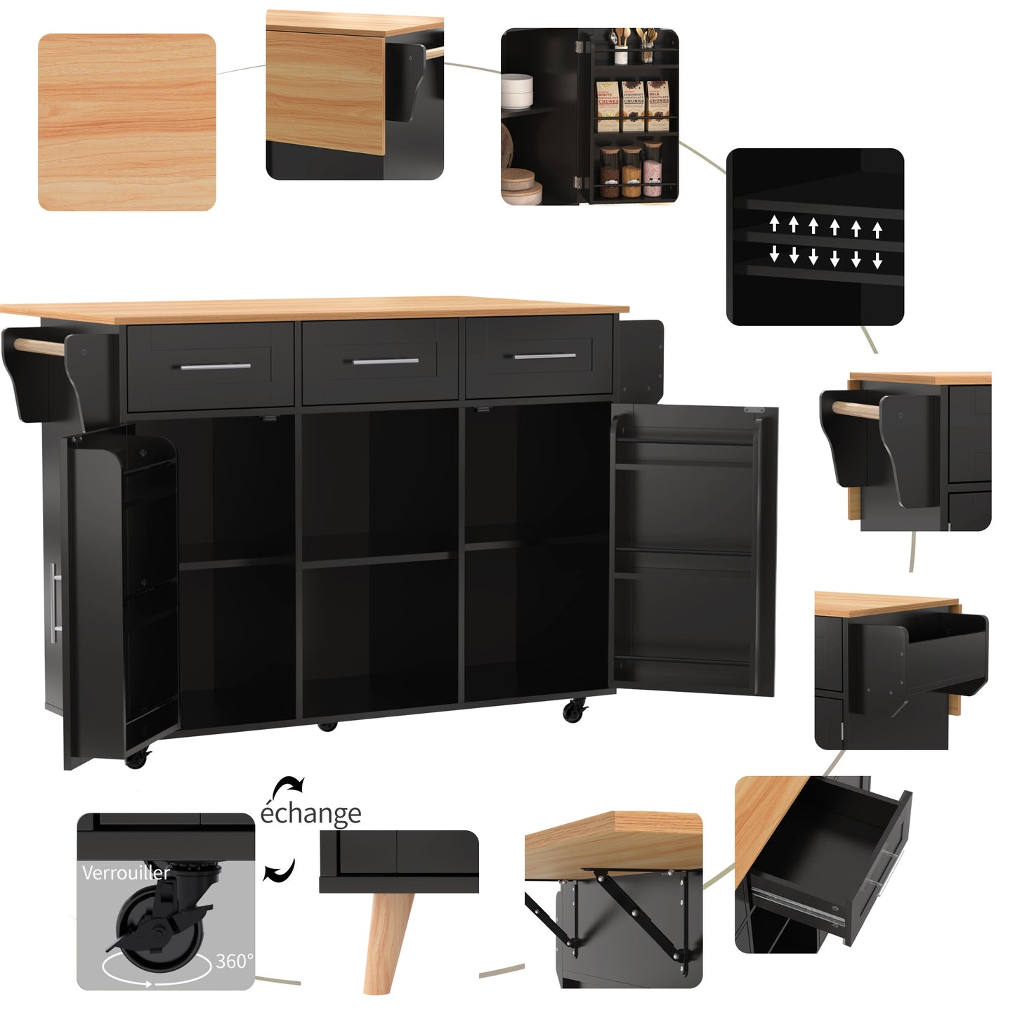 Keukenwagen – Keukentrolley – Servierwagen – Keukenkar – Rolkast – Uitklapbaar Werkblad – Houtlook Blad – 139x46(71)x91,5 cm – Met Laden en Verstelbare Planken – Mobiel en Vast Plaatsbaar – Zwart Met Houten Poten