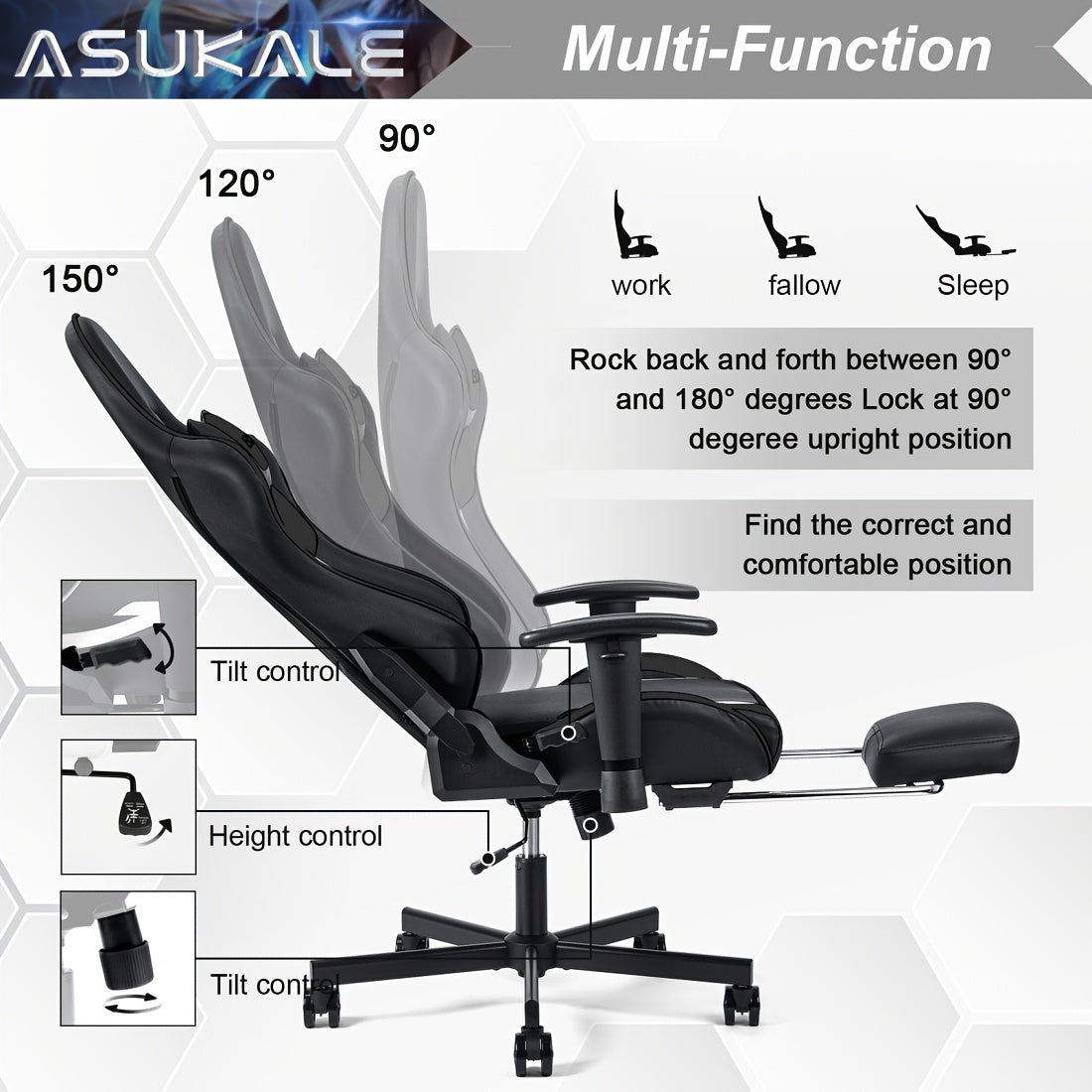 Gamingstoel – Gamestoel – Gaming Chair – Bureaustoel – Game Stoel – Ergonomisch Met Voetensteun – Verstelbare Hoogte En Lendensteun – PU Kunstleer Met 5-Wiel Onderstel – Grijs