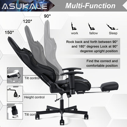 Gamingstoel – Gamestoel – Gaming Chair – Bureaustoel – Game Stoel – Ergonomisch Met Voetensteun – Verstelbare Hoogte En Lendensteun – PU Kunstleer Met 5-Wiel Onderstel – Grijs