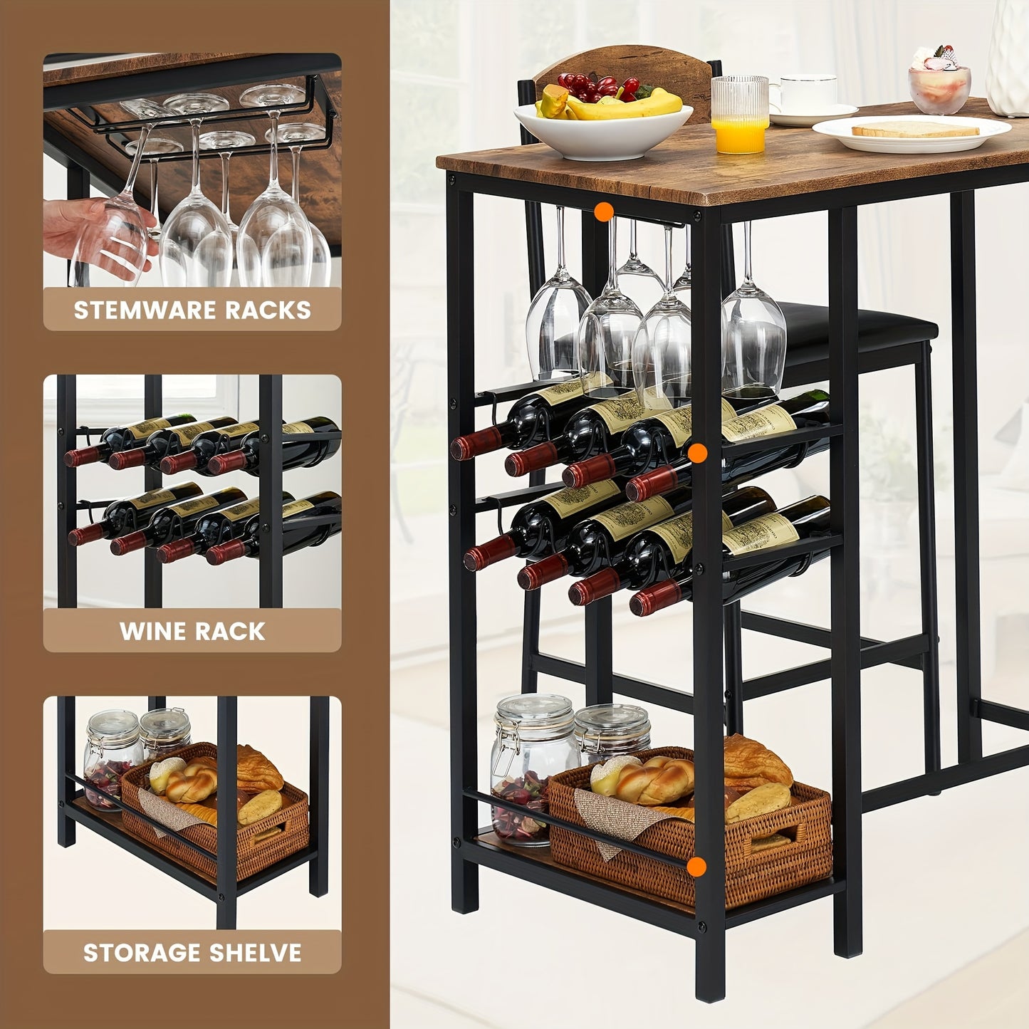 Eettafelset 2 Personen – Bartafelset – Barstoel Set – Bistroset – Bistro Tafelset – Vintage Design – Inclusief Wijnrek en Opbergplank – Compacte Afmeting 119 cm – Stoelen Met Voetsteunen en PU Leder