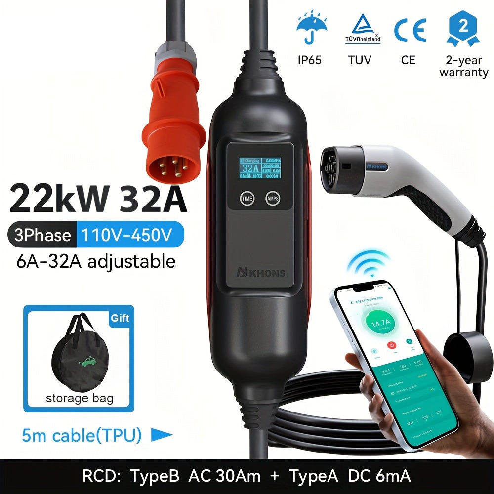 Lader Elektrische Auto – EV Lader – Thuislader – Mobiele Charger – Laadkabel – 22 kW 3-Fase – Instelbare Laadstroom 6A-32A – App-Control & IP65 Waterdicht