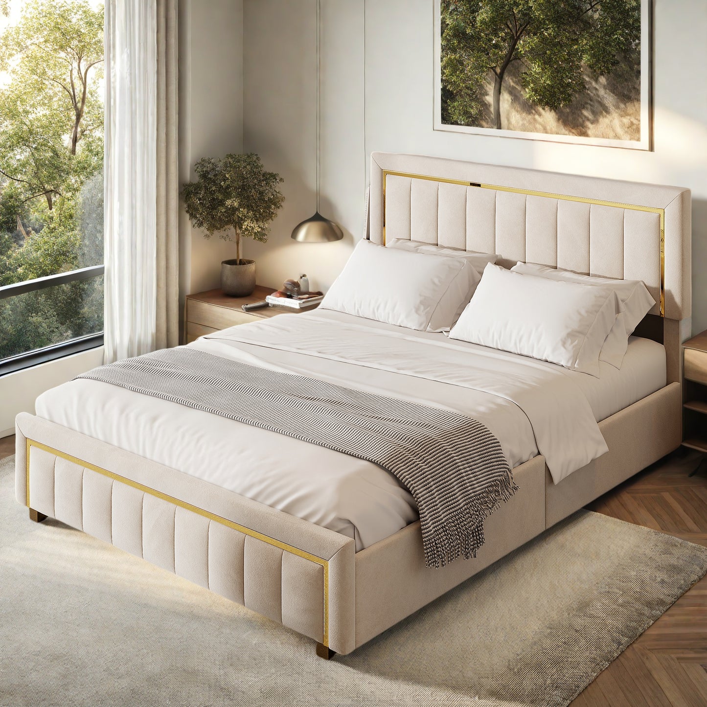 Tweepersoonsbed – Bed – Opbergbed – Slaapbank – Logeerbed – Velvet Bekleding – Hydraulisch Hefmechanisme – 160x200 cm – Met Opbergruimte – Gouden Accenten