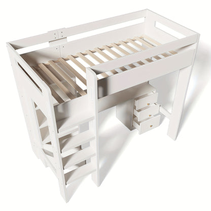 Loft Bed, Desk, Wardrobe And Filing Cabinet with Stairs And Slatted Shelves, Storage Space, 90 X 200, Mattress Not Included
