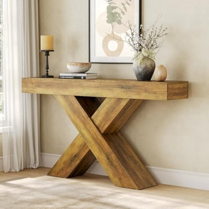55-Inch Industrial Rustic Console Table - X-Shaped Narrow Entryway Table with Engineered Wood Top, Freestanding Sofa Table for Living Room, Foyer, Hallway - Easy Assembly, No Power Needed, Rustic Brown Finish, Console Table f