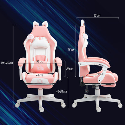 Gaming Chair with Cat Ears, Reclining Backrest, Extendable Footrest, Up to 120 kg, Pink/White