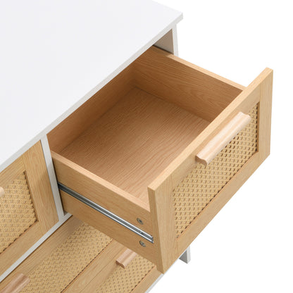 Opbergkast – Dressoir – Ladekast – Kast – Rattan Kast – 4 Grote Laden – Natuurlijk Wit Hout