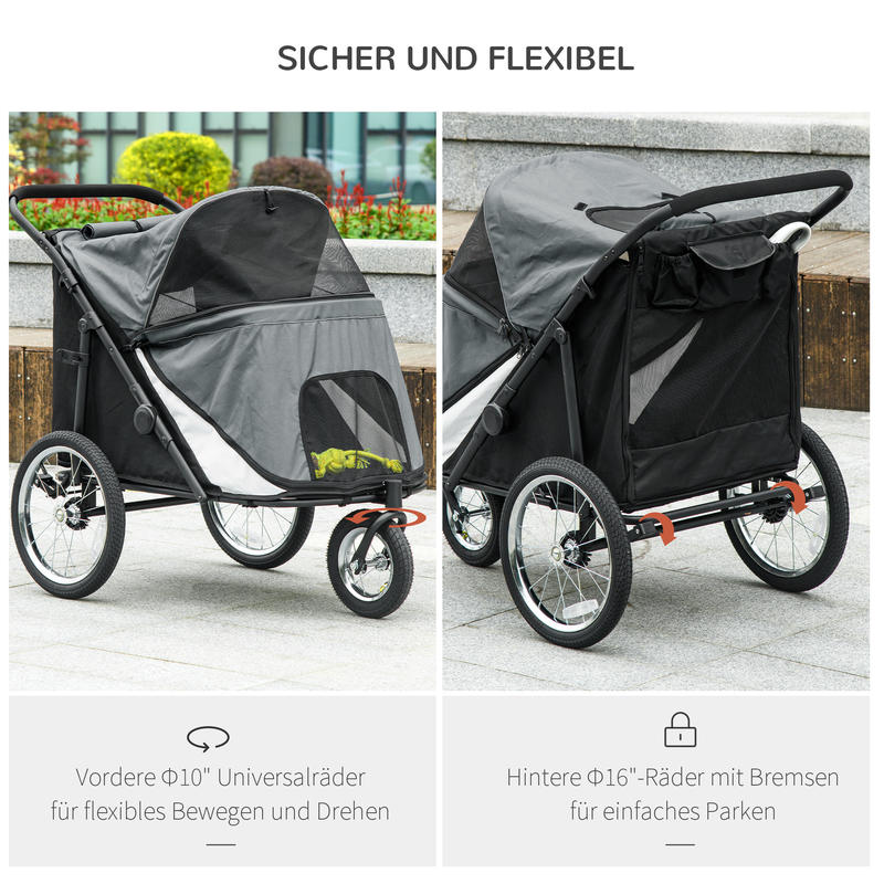 Dog Buggy, Foldable, Foldable, Reclining Cushion, Steel Frame, Grey/ Black Dog Buggy