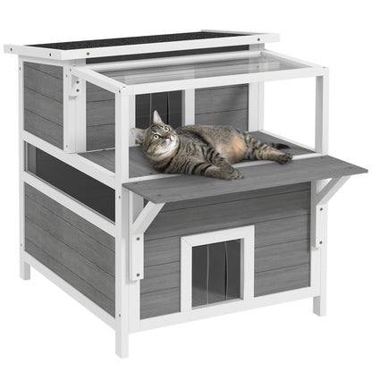 Kattenhuis – Kattenhok – Kattenverblijf – Kattencabine – Kattenhut – Weerbestendig Dennenhout – Verhoogde Poten en Asfalt Dak – Grijs – 2 Verdiepingen met Balkon