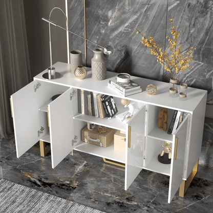 Dressoir – Ladekast – Opbergkast – Buffetkast – Kast – Hoogglans Wit – 4 Deuren – Metaal Handvatten & Poten – Geometrisch Design – 140x40x80 cm