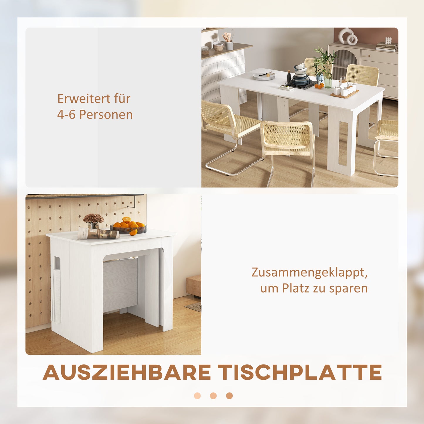 Uitschuifbare Eettafel – Inklapbare Tafel – Uitklapbare Keukentafel – Vouwtafel – Wit – Verstelbaar 60-180 cm – Hoogwaardig Spaanplaat