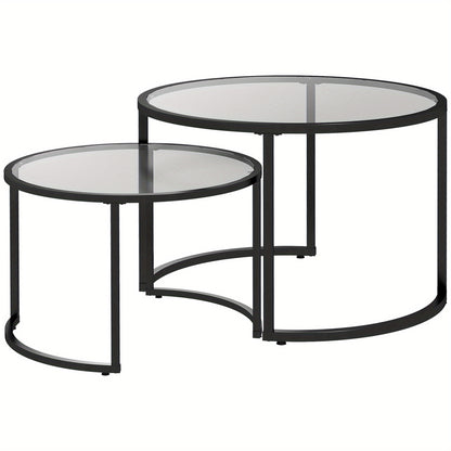 Bijzettafel Set – Salontafel – Side Table – Cocktailtafel – Tafeltje – Zwart Stalen Frame – Gehard Glasblad – Deels Stapelbaar – Voor Woonkamer & Lounge