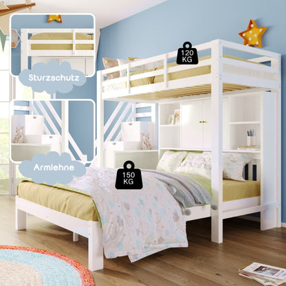 Hoogslaper – Stapelbed – Eenpersoonsbed – Kinderbed – Bed met Bureau – Ruimtebesparend – Gemakkelijk te Montaren Zonder Gereedschap – Wit Modern Design