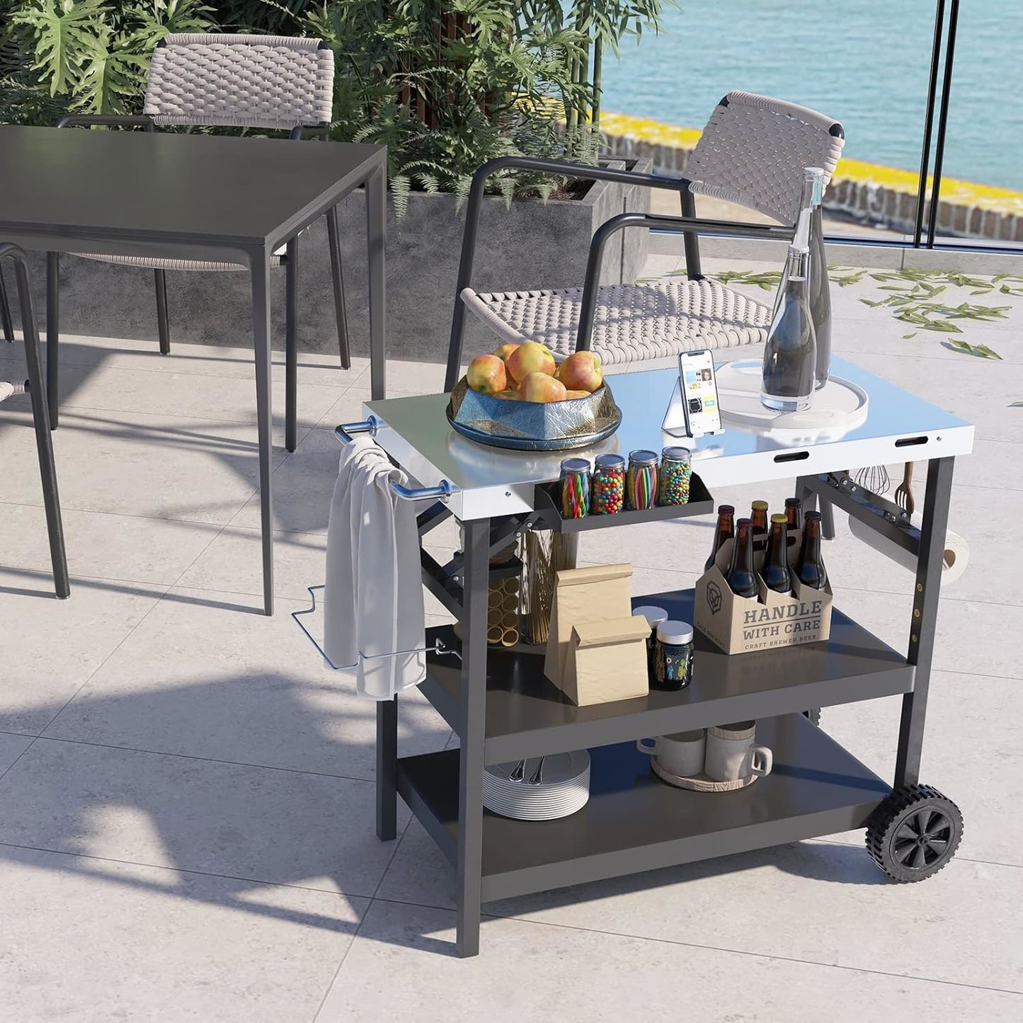 Buitenkeukentrolley – Buitenwagen – BBQ Trolley – Opbergtrolley – Werktafel – Roestvrijstaal – Inklapbaar – Verstelbare Middenplank – Met Wieltjes – 3-laags Opbergruimte